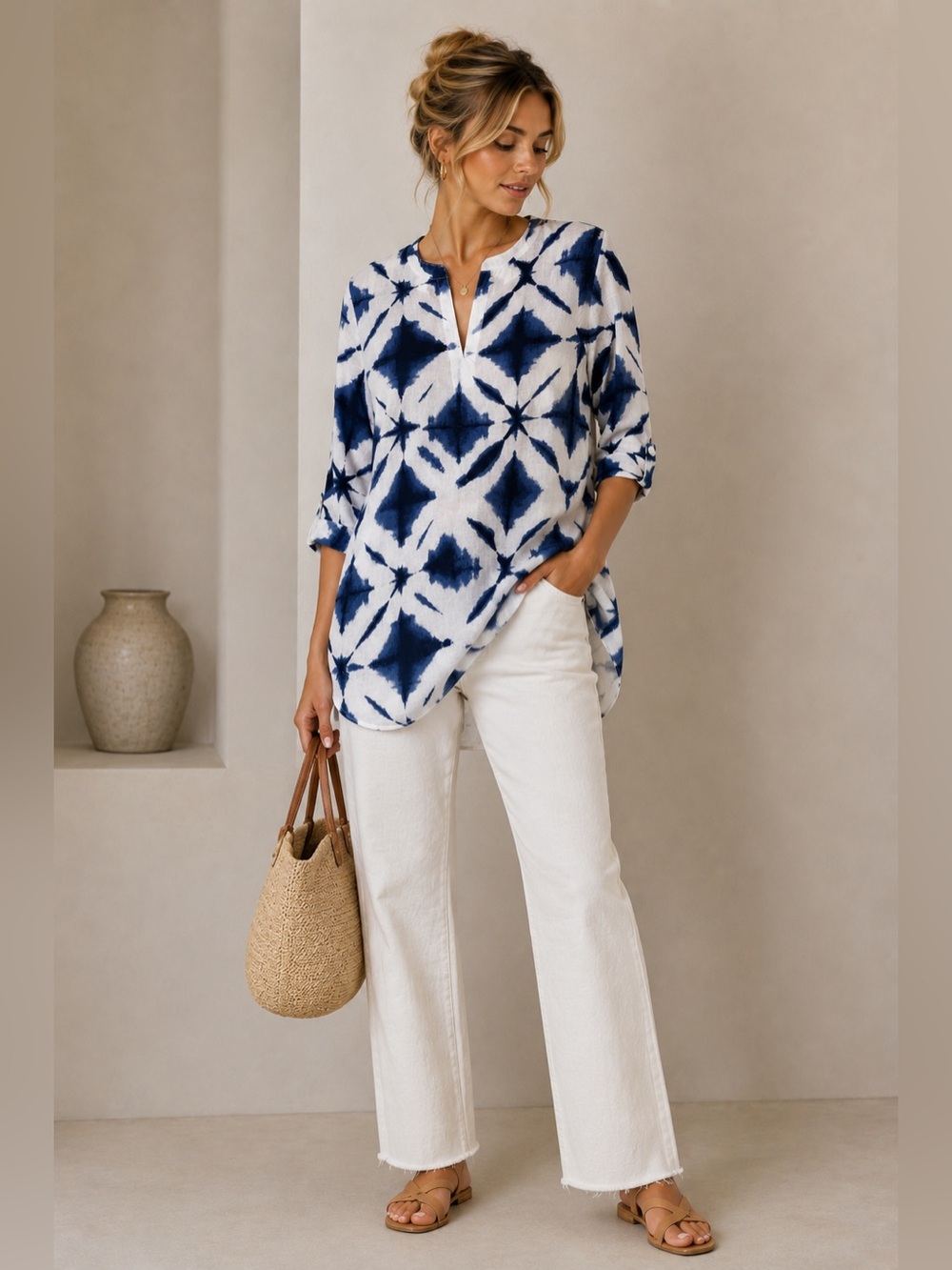 Andrea Jovine Navy and White Geometric Tunic